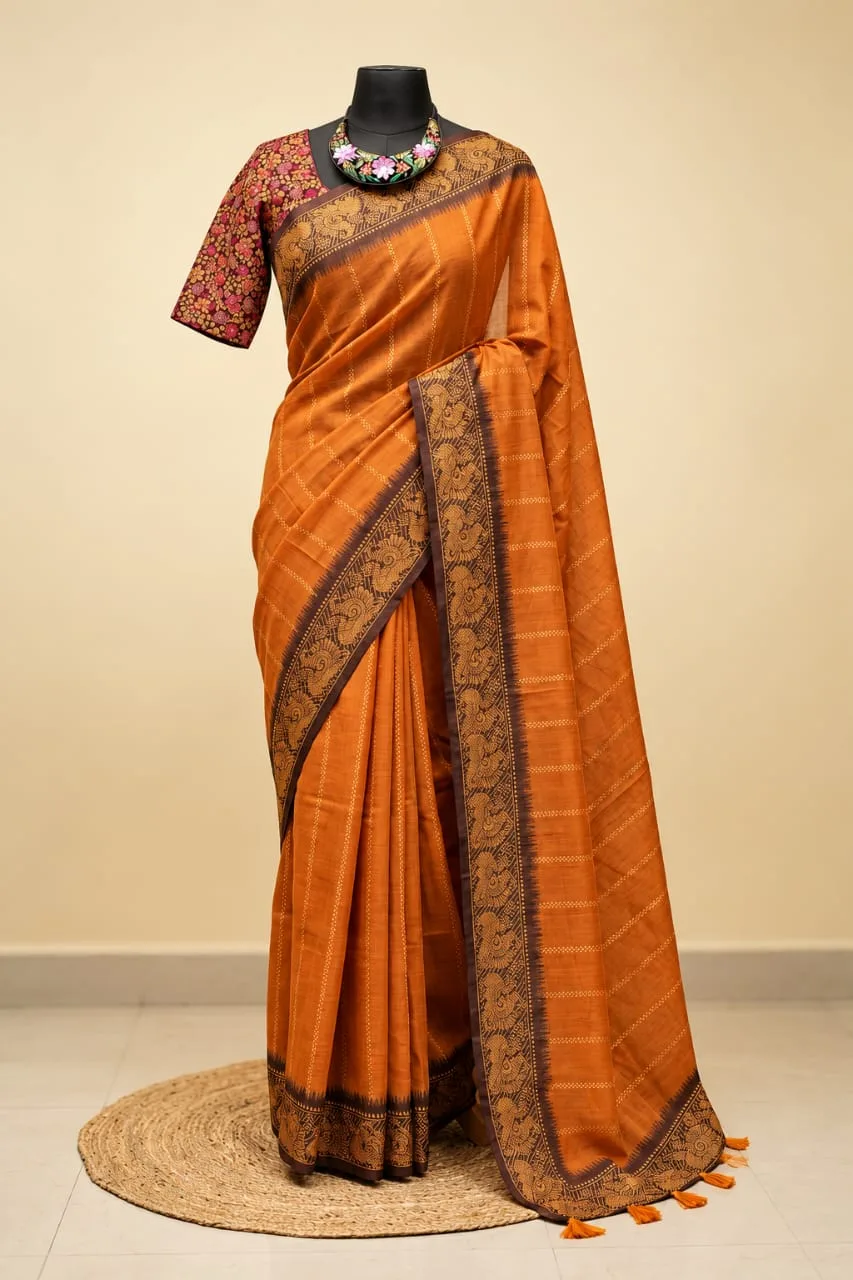 Peacock Border Dotted Striped Linen Cotton Saree